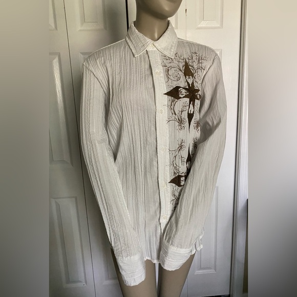 POP ICON Crinkle Long Sleeve Button front White Shirt- Embroidered Cross Sze S - Picture 3 of 12